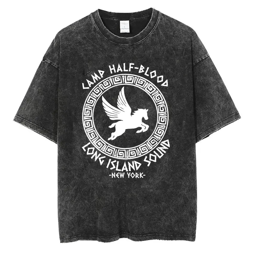 Cheap T-shirt Jerseys Camp Half Blood Long Island Sound Print T Shirts Percy Jackson Vintage Washed T-Shirt Men Women High Quality Short Sleeve TShirt
