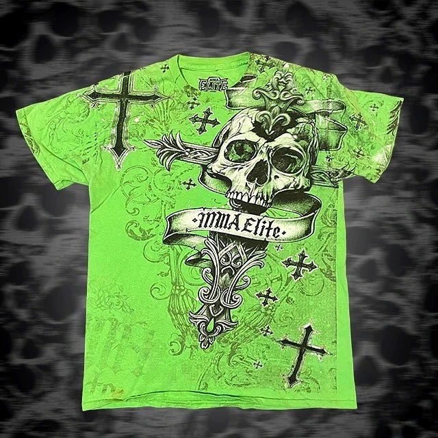 Cheap T-shirt Jerseys MMA ELITE Cross Skull Print Green Y2K T Shirt Men Loose Fit Streetwear Graphic Tee Oversized Glow Dark Party Ins Popularity Tops