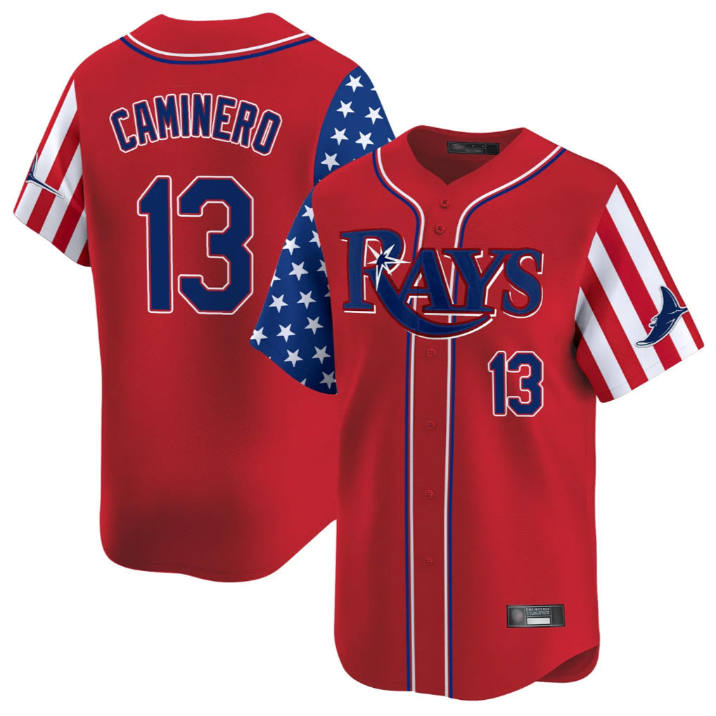 Kooe T.Bay Rays #13 Junior Caminero Player Red 2025 Independence Day Vapor Premier Limited Stitched Jerseys