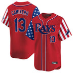 Kooe T.Bay Rays #13 Junior Caminero Player Red 2025 Independence Day Vapor Premier Limited Stitched Jerseys