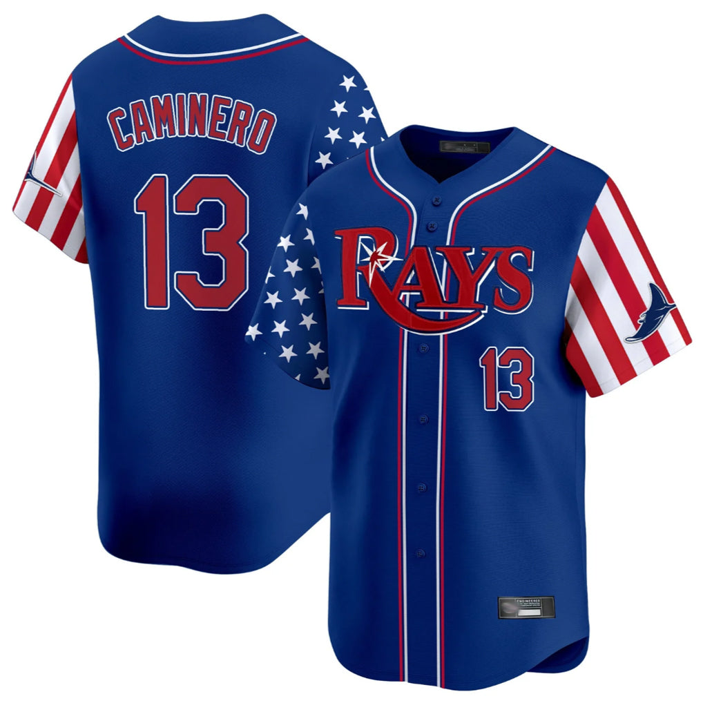 Kooe T.Bay Rays #13 Junior Caminero Player Royal 2025 Independence Day Vapor Premier Limited Stitched Jerseys
