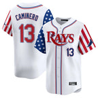 Kooe T.Bay Rays #13 Junior Caminero Player White 2025 Independence Day Vapor Premier Limited Stitched Jerseys