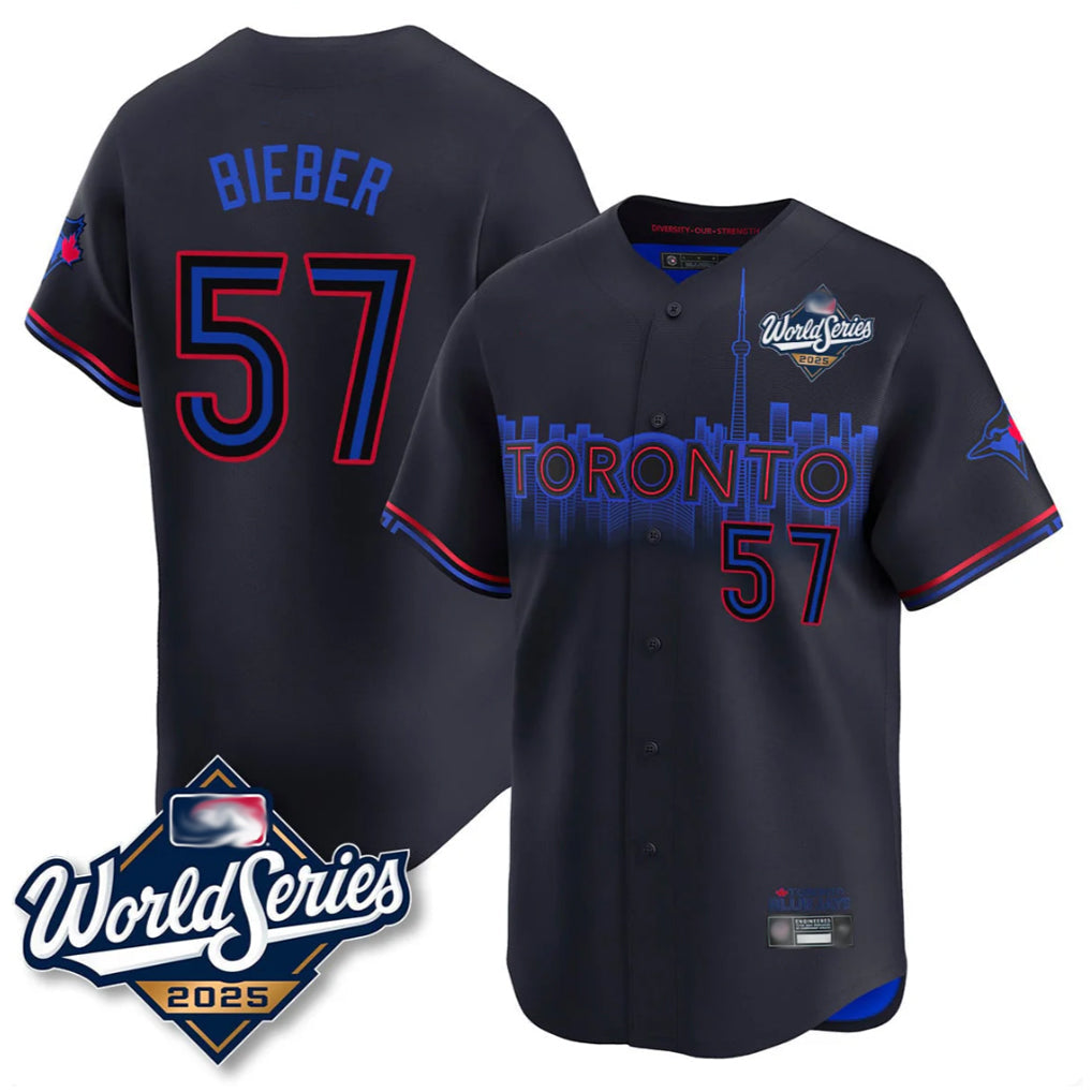 Kooe T.Blue Jays #57 Shane Bieber Player Black 2025 World Series City Connect All Stitched Jerseys