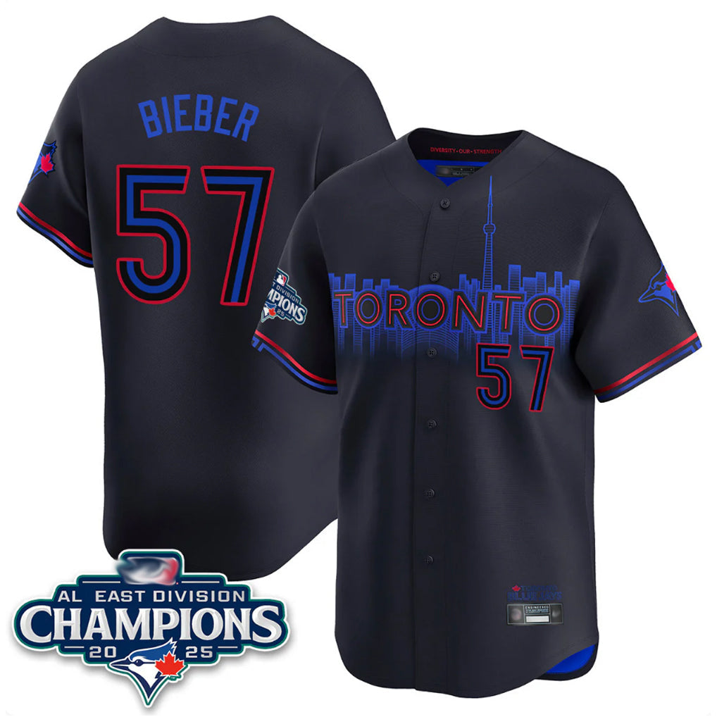 Kooe T.Blue Jays #57 Shane Bieber Player Black AL East Division City Connect Stitched Jerseys