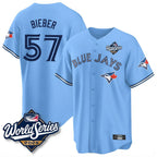 Kooe T.Blue Jays #57 Shane Bieber Player Blue 2025 World Series All Stitched Jerseys