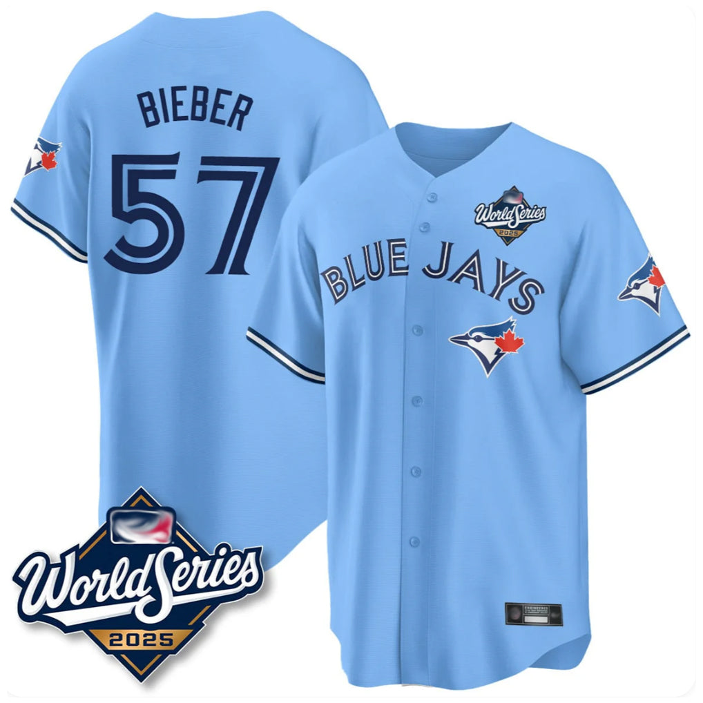 Kooe T.Blue Jays #57 Shane Bieber Player Blue 2025 World Series All Stitched Jerseys