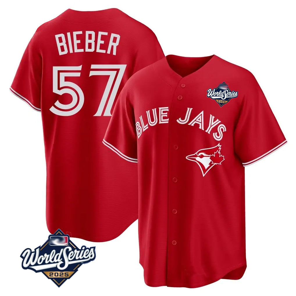 Kooe T.Blue Jays #57 Shane Bieber Player Red 2025 World Series All Stitched Jerseys