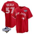 Kooe T.Blue Jays #57 Shane Bieber Player Red 2025 World Series All Stitched Jerseys