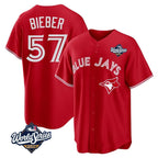 Kooe T.Blue Jays #57 Shane Bieber Player Red 2025 World Series All Stitched Jerseys