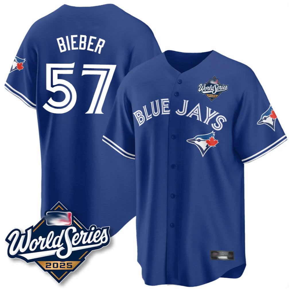 Kooe T.Blue Jays #57 Shane Bieber Player Royal 2025 World Series All Stitched Jerseys
