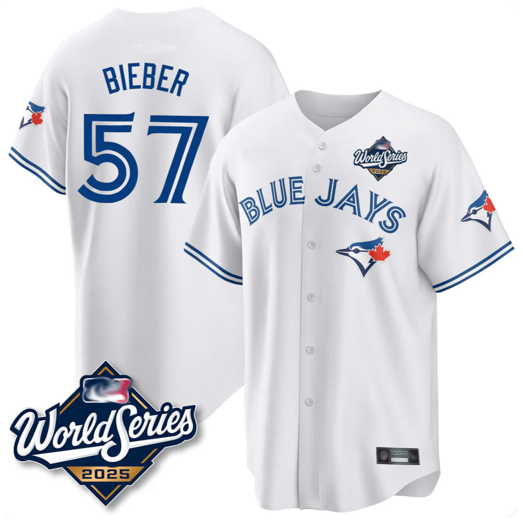 Kooe T.Blue Jays #57 Shane Bieber Player White 2025 World Series All Stitched Jerseys