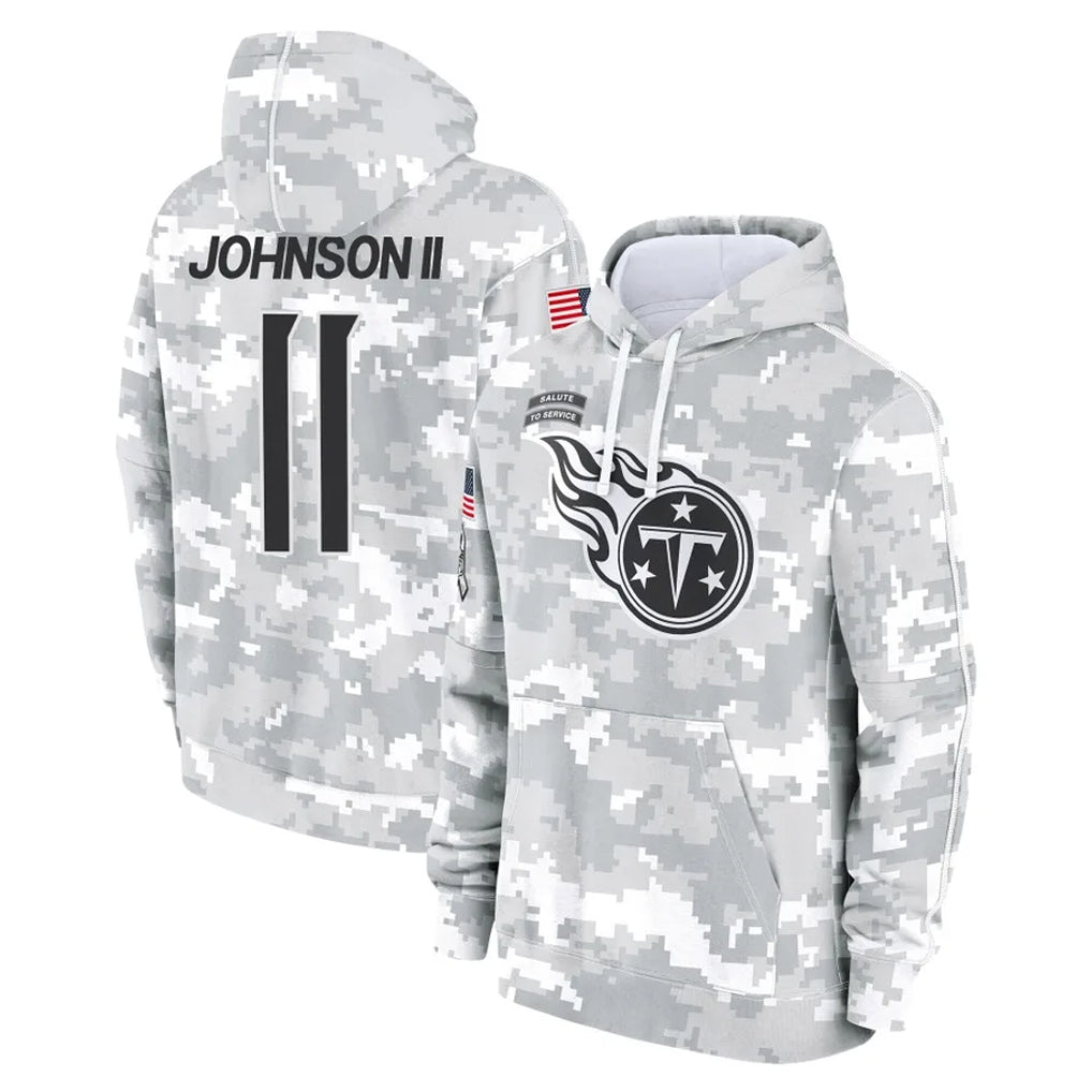 Kooe T.Titans #11 Jermaine Johnson II Player Camo Arctic Salute to Service Pullover Hoodies Home Game Stitched Jerseys