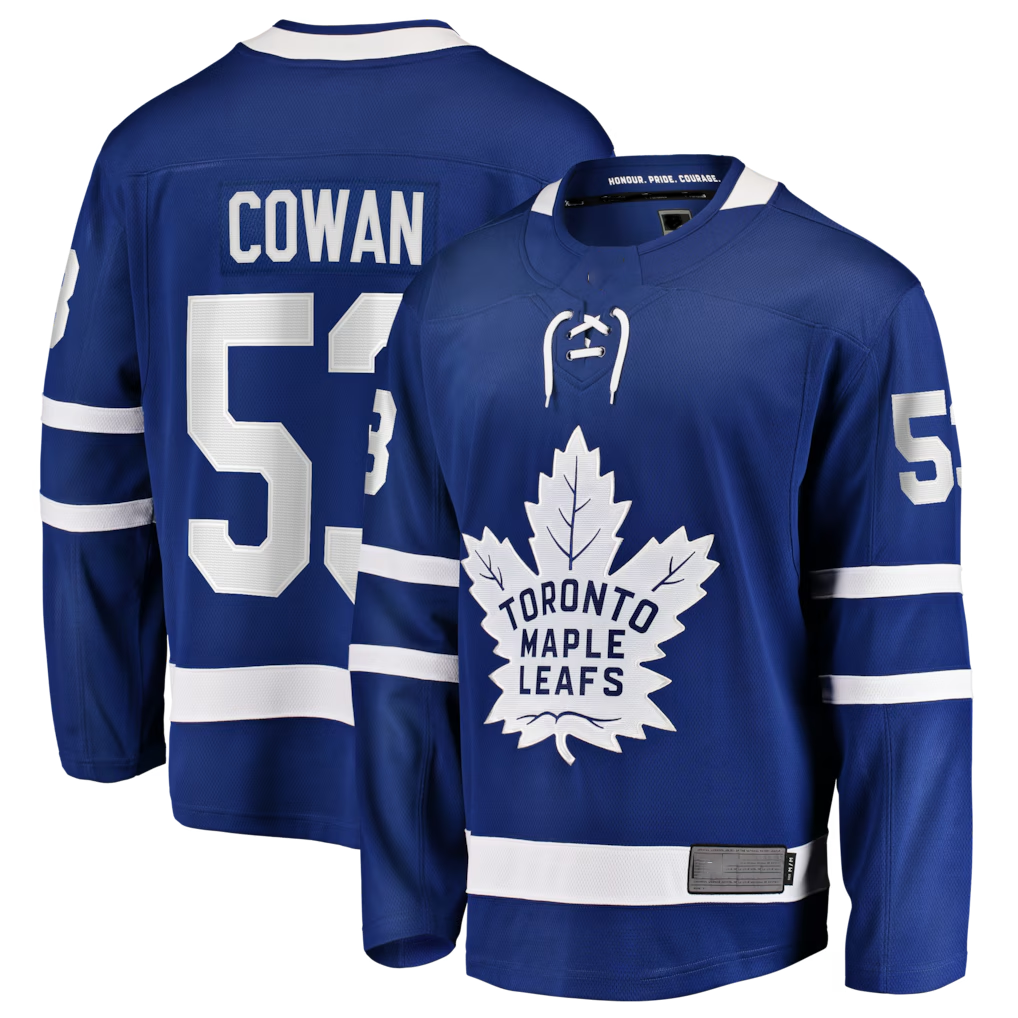 Kooe T.Maple Leafs #53 Easton Cowan Blue Home Breakaway Jerseys
