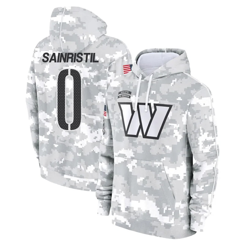 Kooe W.Commanders #0 Mike Sainristil Player Arctic Camo Salute to Service Hoodies Stitched Jerseys
