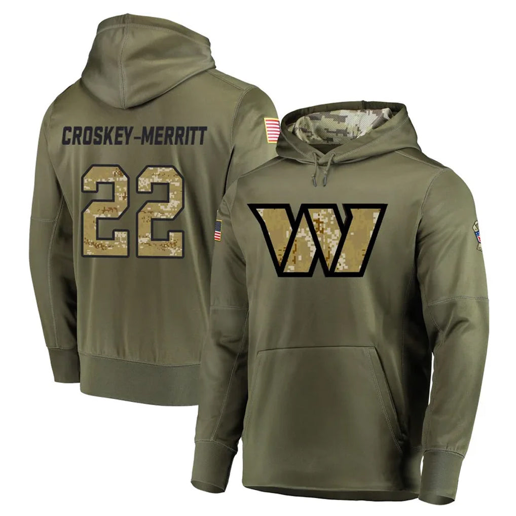 Kooe W.Commanders #22 Jacory Croskey-Merritt Player Olive Salute to Service Limited Hoodies Stitched Jerseys