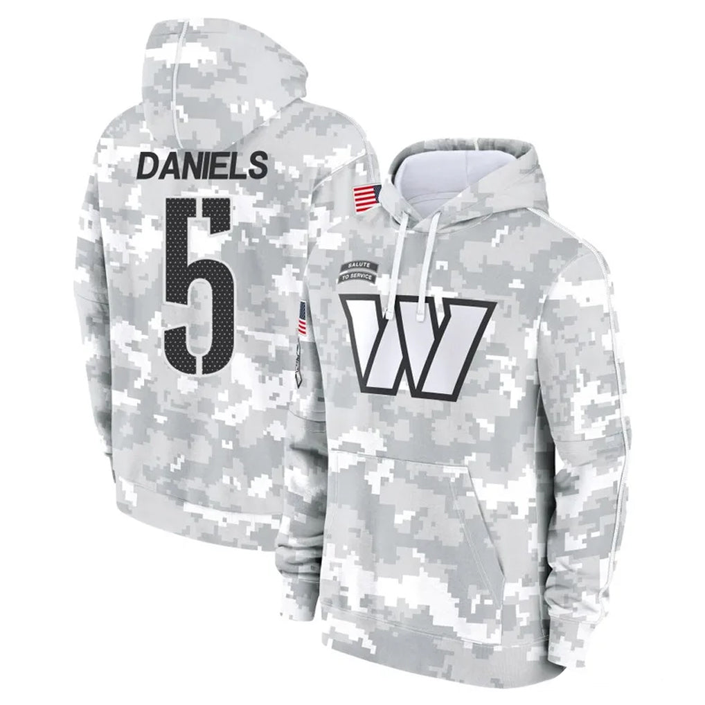 Kooe W.Commanders #5 Jayden Daniels Player Arctic Camo Limited Salute to Service Pullover Hoodies Game Stitched Jerseys
