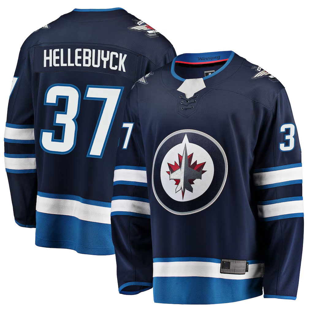 Kooe W.Jets #37 Connor Hellebuyck Navy Breakaway Replica Jerseys