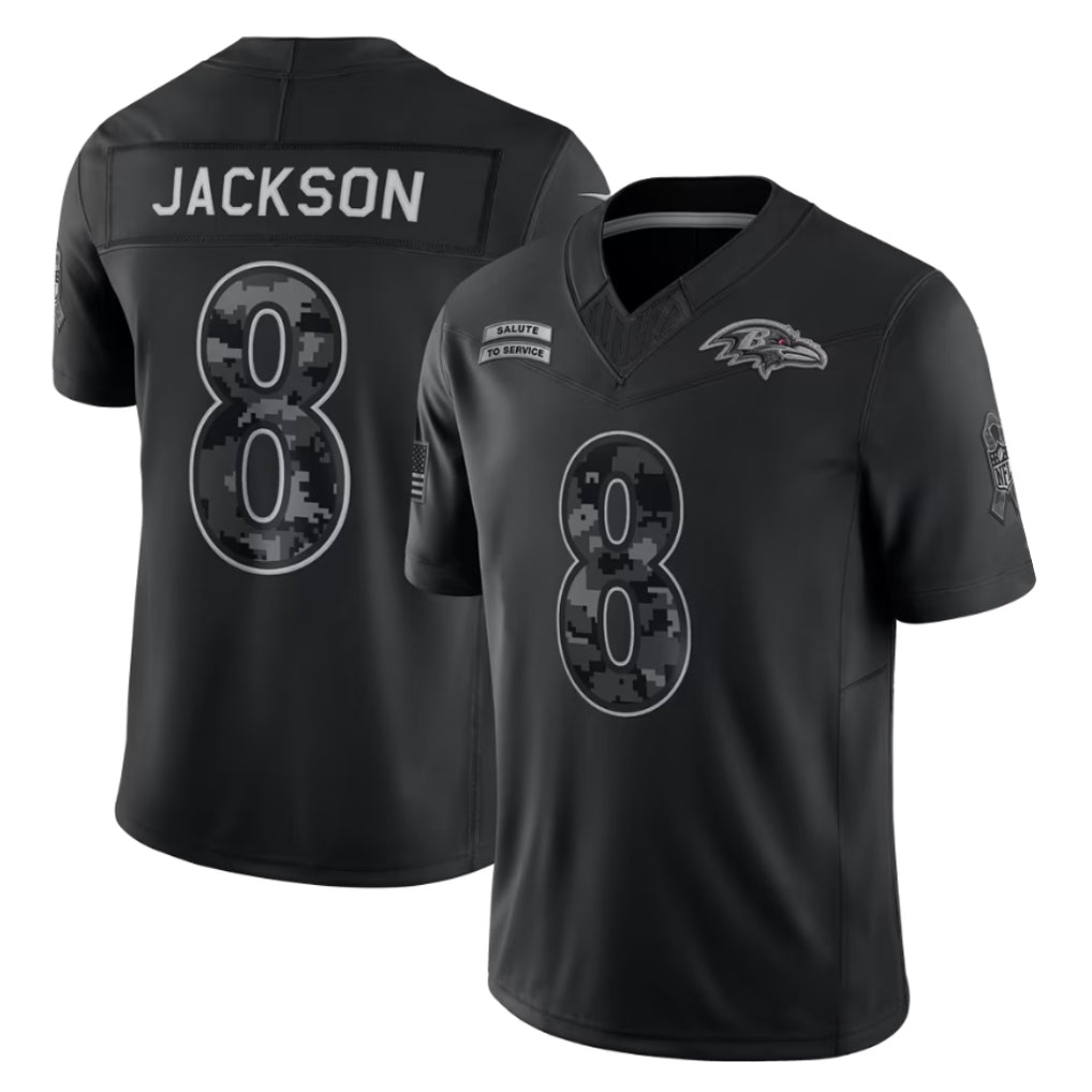 Kooe B.Ravens #8 Lamar Jackson Player Black Limited 2026 Salute to Service Home Game Stitched Jerseys